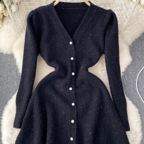 Load image into Gallery viewer, French Fashion Women Solid Single Breasted Elegant V Neck Short Dress Autumn Winter Long Sleeves Knitted Sweater Mini Dress Chic
