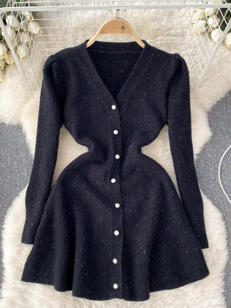 French Fashion Women Solid Single Breasted Elegant V Neck Short Dress Autumn Winter Long Sleeves Knitted Sweater Mini Dress Chic