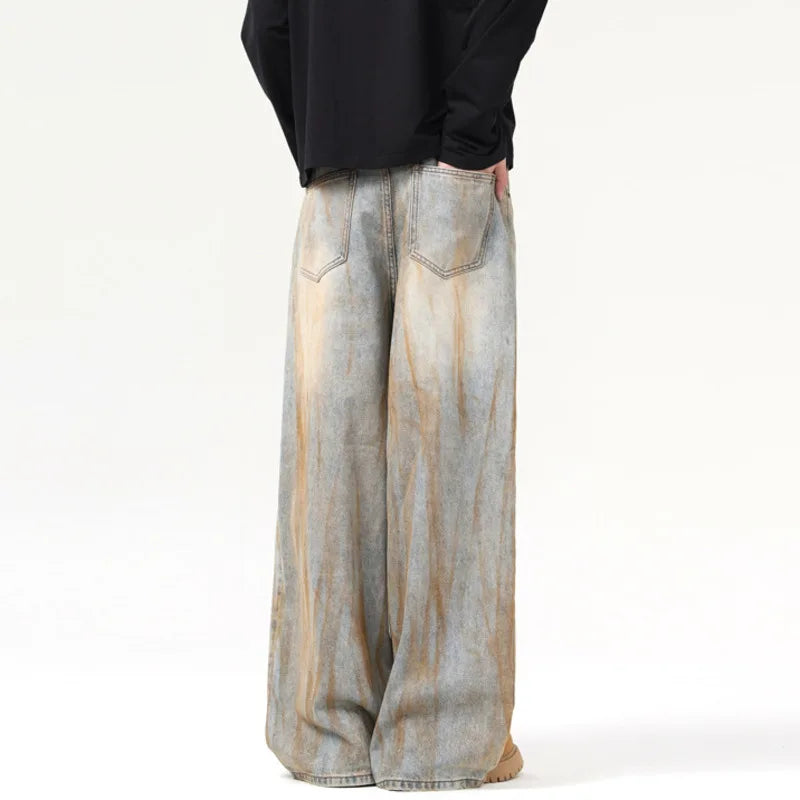 Stylish Men's Jeans American Distressed Baggy Straight Wide Leg Design Tie-dyed Personalized Male Trousers 2025 9W1561