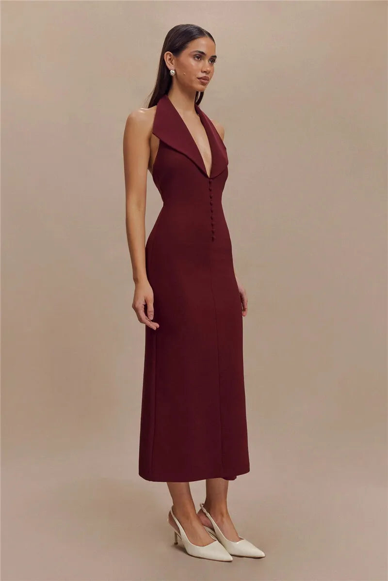 Halter Deep V Neck Sleeveless Sexy Maxi Dress For Women Elegant Backless Bodycon Tank Dress Femme Fashion Long Dress