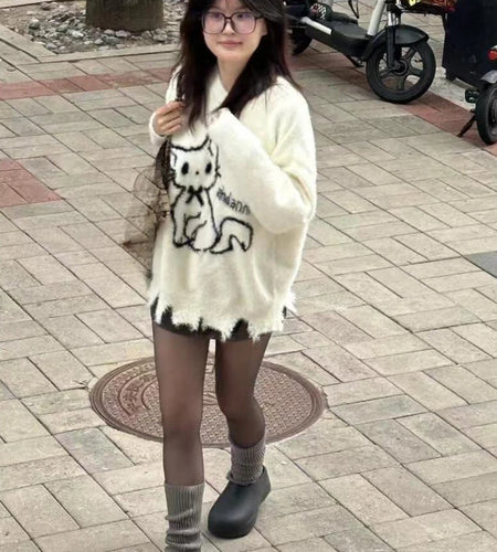 Japanese Oversize Fur Sweater Autumn Cartoon Cat Kawaii Cute Loose Women Pullover Y2k Aesthetic Hole Preppy Style Grunge Tops