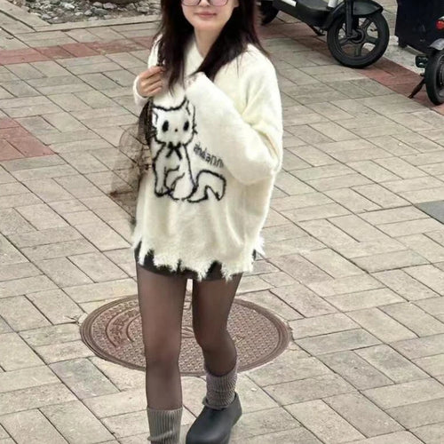 Load image into Gallery viewer, Japanese Oversize Fur Sweater Autumn Cartoon Cat Kawaii Cute Loose Women Pullover Y2k Aesthetic Hole Preppy Style Grunge Tops
