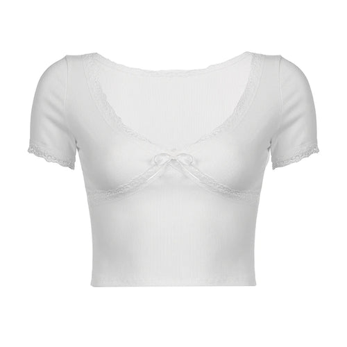 Load image into Gallery viewer, V Neck Lace Trim White Crop Tops Women Knit Summer T-shirts for Women Korean Fashion Cute Slim Tee Shirt y2k Clothes
