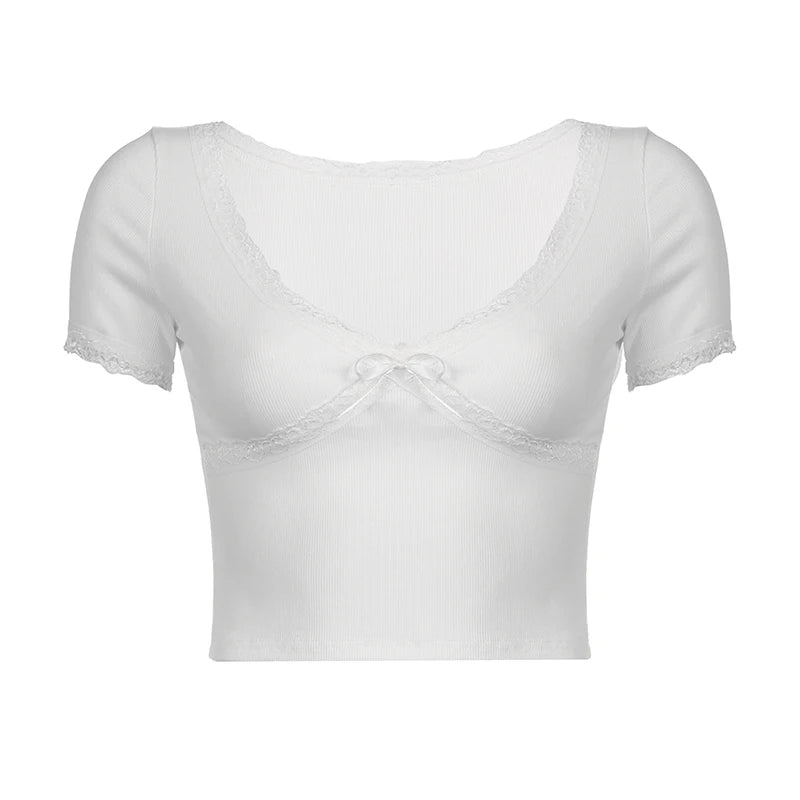 V Neck Lace Trim White Crop Tops Women Knit Summer T-shirts for Women Korean Fashion Cute Slim Tee Shirt y2k Clothes