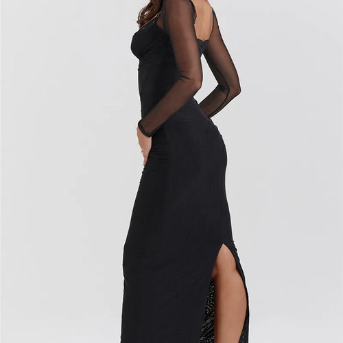 Load image into Gallery viewer, Elegant Sheer Long Sleeve Bodycon Maxi Dress For Women Fashion Mesh Black Strapless Backless Club Party Sexy Dress
