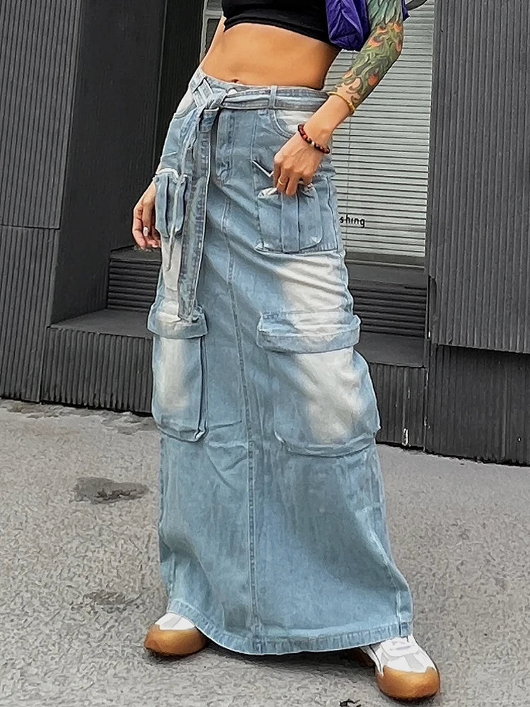 Denim Casual Skirts For Women High Waist Tied Patchwork More Than A Pocket Slimming Skirt Female Fashion Clothing