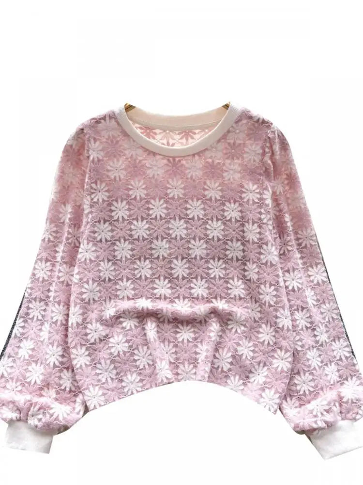 Korean Women's Flower Patchwork Round Neck Hollow Out Crochet Short Sweater Autumn New Long Sleeve Pullover Top Popular Clothing