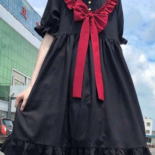 Load image into Gallery viewer, Gothic Lolita Kawaii Dress Goth Sweet School Student Cute Ruffle Puff Sleebe Black Party Dresses Autumn Fashion
