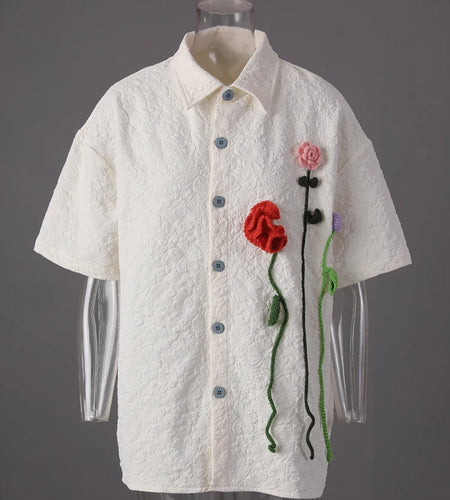 Women Beige Jacquard 3d Flower Big Size Elegant Blouse New Lapel Short Sleeve Shirt Fashion Spring Summer 2025 CPG3212