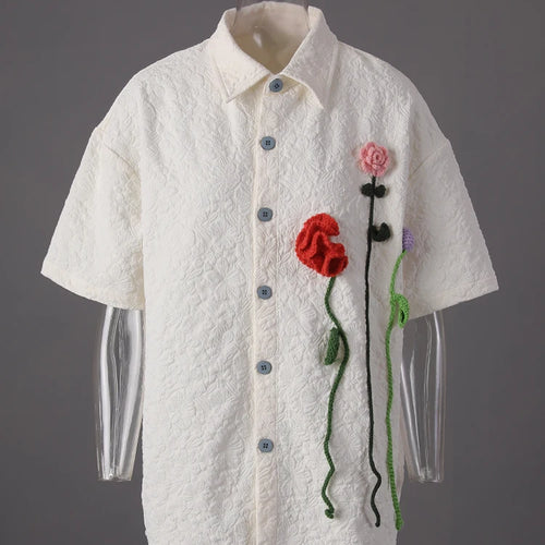 Load image into Gallery viewer, Women Beige Jacquard 3d Flower Big Size Elegant Blouse New Lapel Short Sleeve Shirt Fashion Spring Summer 2025 CPG3212
