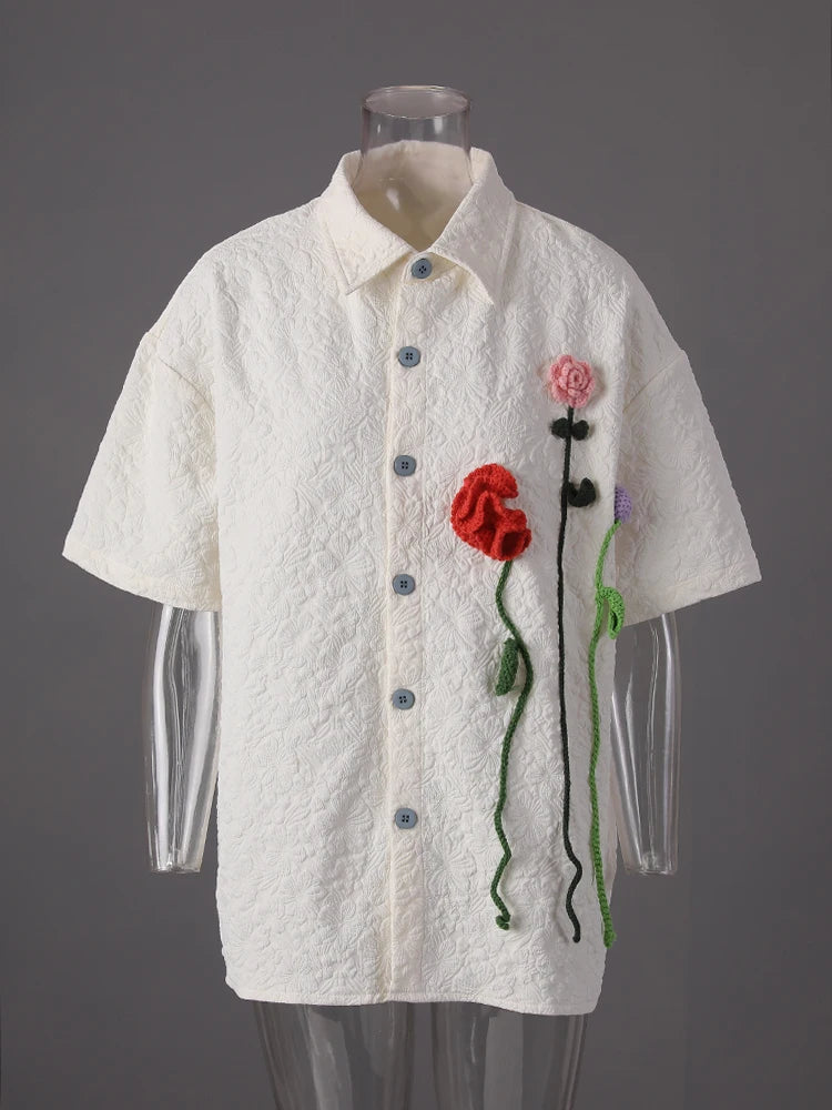 Women Beige Jacquard 3d Flower Big Size Elegant Blouse New Lapel Short Sleeve Shirt Fashion Spring Summer 2025 CPG3212