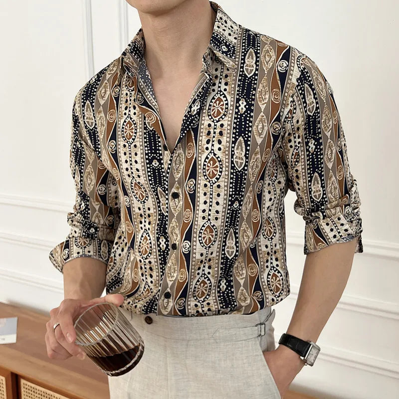 Men's Long Sleeve Shirts New Spring Casual Printing Design Korean Losse Single Breasted Stylish Turn-down Collar Top 9W1577