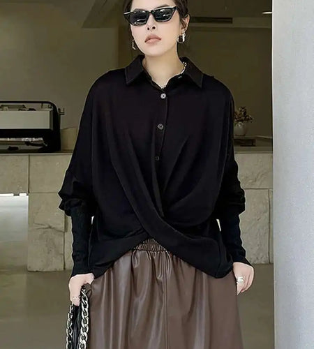 Women Black Irregular Cross Short Big Size Blouse New Lapel Long Sleeve Shirt Fashion Tide Spring Autumn 2025 Black