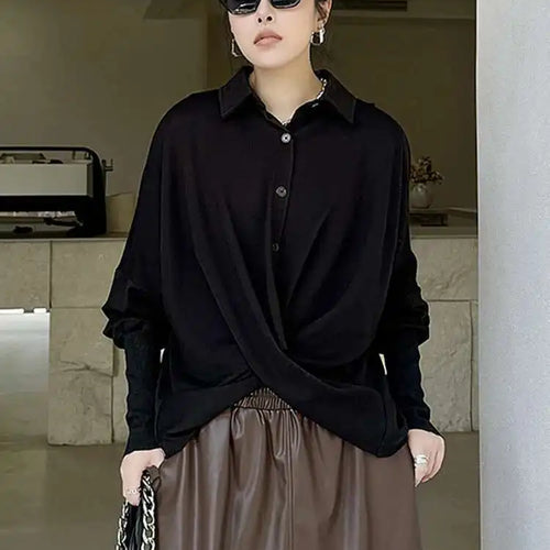 Load image into Gallery viewer, Women Black Irregular Cross Short Big Size Blouse New Lapel Long Sleeve Shirt Fashion Tide Spring Autumn 2025 Black
