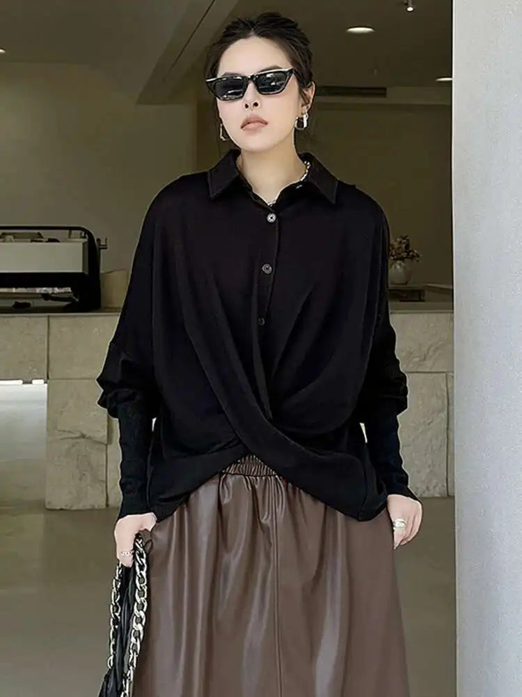 Women Black Irregular Cross Short Big Size Blouse New Lapel Long Sleeve Shirt Fashion Tide Spring Autumn 2025 Black