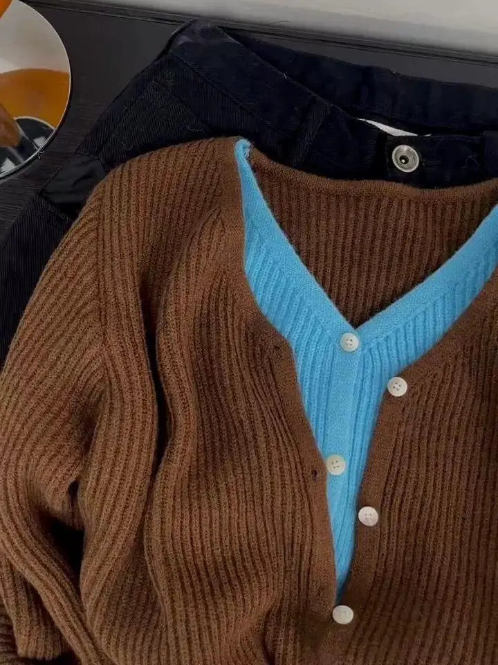 New 2024 Autumn Winter Women's Brown Blue Patchwork V Neck Cardigan Sweater Single Breasted Long Sleeve Fashion Versatile Tops