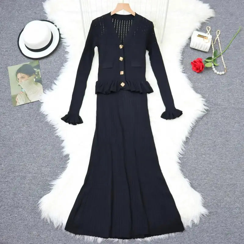 French Autumn 2024 New Women Black White Blue Single Breasted Knitted Dress Elegant Slim Office V-neck Ruffles Long Sleeve Dress