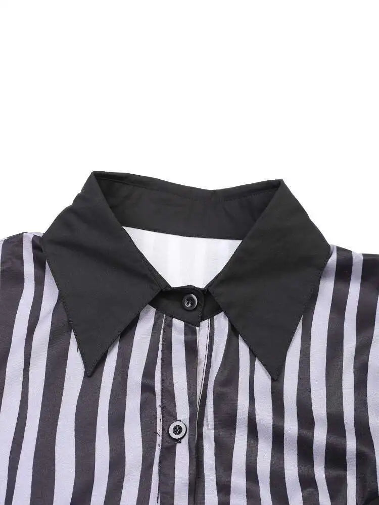 Women Black Striped Color-block Big Size Midi Shirt Dress New Lapel Long Sleeve Fashion Tide Spring Autumn 2025 1DD0068