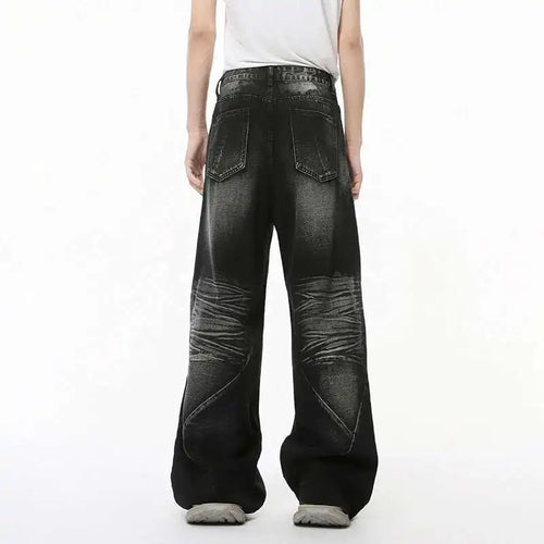 Load image into Gallery viewer, American Style Men's Denim Pants Washed Cat Whisker Three-dimensional Patchwork Straight Leg Streetwear Male Jeans 9C8202
