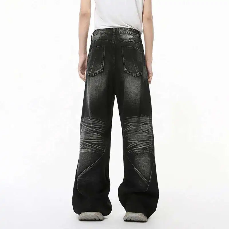 American Style Men's Denim Pants Washed Cat Whisker Three-dimensional Patchwork Straight Leg Streetwear Male Jeans 9C8202
