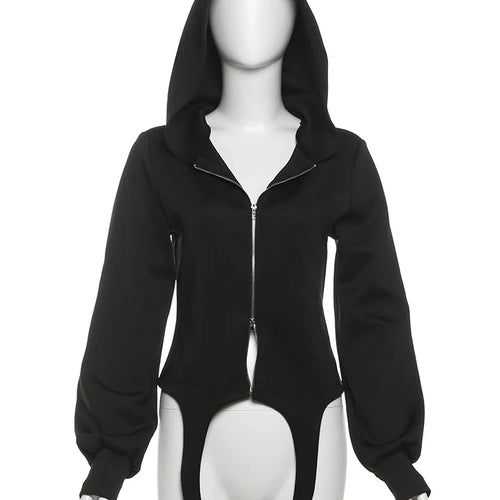 Load image into Gallery viewer, Gothic Little Devil Horn Jacket Women Hooded Zipper Long Sleeve Irregular Hem Autumn Cute Casual Trend Stretch Streetwear
