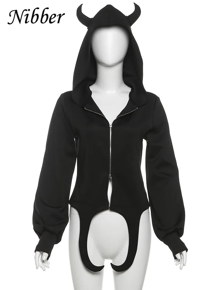Gothic Little Devil Horn Jacket Women Hooded Zipper Long Sleeve Irregular Hem Autumn Cute Casual Trend Stretch Streetwear
