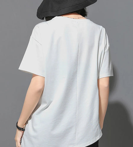 Women White Irregular Tassels Big Size Casual T-shirt New Round Neck Short Sleeve Fashion Tide Spring Summer 2025 1DJ1759