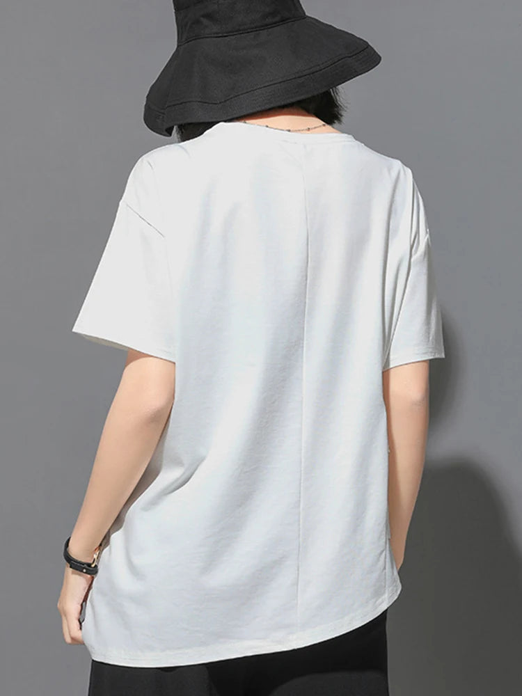 Women White Irregular Tassels Big Size Casual T-shirt New Round Neck Short Sleeve Fashion Tide Spring Summer 2025 1DJ1759