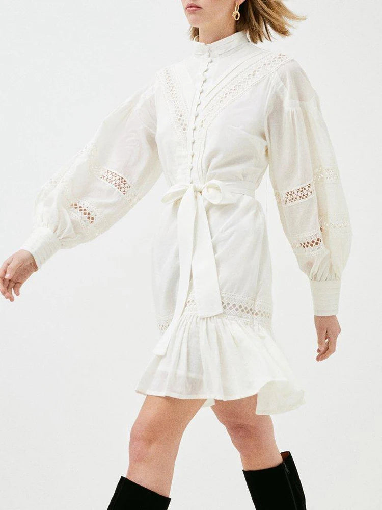 Vintage Patchwork Ruffles Dress For Women Stand Collar Loose Long Lantern Sleeve High Waist Mini Dresses Female 2022 Clothes