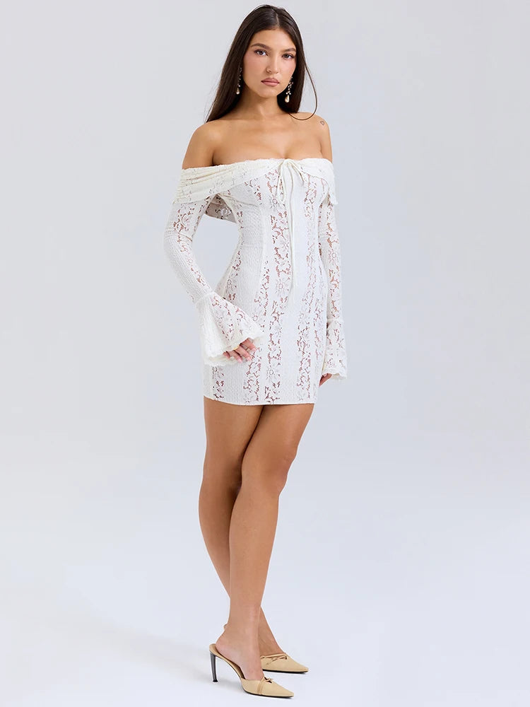 Off-shoulder Lace Sexy Mini Dress For Women White Strapless Long Sleeve Backless Bodycon Club Party Sexy Dress Elegant