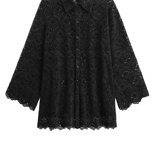 Load image into Gallery viewer, Women Black Lace Hollow Out Big Size Elegant Blouse New Lapel Long Flare Sleeve Shirt Fashion Spring Autumn 2025 1DH9271
