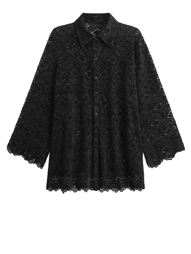 Women Black Lace Hollow Out Big Size Elegant Blouse New Lapel Long Flare Sleeve Shirt Fashion Spring Autumn 2025 1DH9271