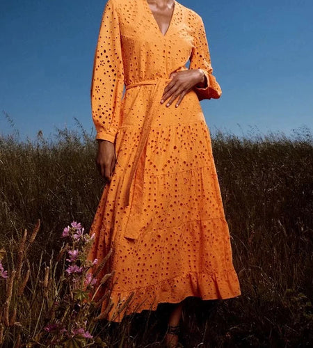 Patchwork Cut Out Midi Dress For Women V Neck Long Sleeve Bowknot Lace Up High Waist Casual Solid Dresses Female Fashion New