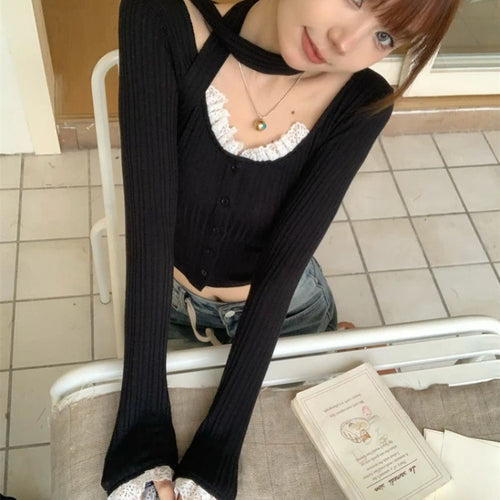 Load image into Gallery viewer, Lace Patchwork Women Gentle Crop Cardigans Y2k Aesthetic Sweet Single Breasted Sweaters Streetwear Casual Slim Grunge Knitwear
