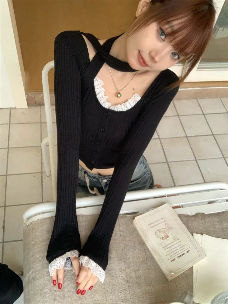 Lace Patchwork Women Gentle Crop Cardigans Y2k Aesthetic Sweet Single Breasted Sweaters Streetwear Casual Slim Grunge Knitwear