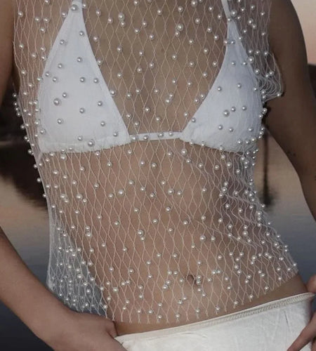 See Through Mesh Sleeveless Tops For Women Fashion Sheer Pearl Sexy Tank Tops Femme Club Party T-shirt New