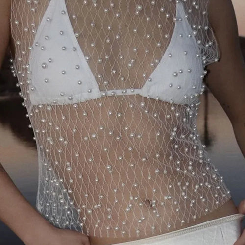 Load image into Gallery viewer, See Through Mesh Sleeveless Tops For Women Fashion Sheer Pearl Sexy Tank Tops Femme Club Party T-shirt New
