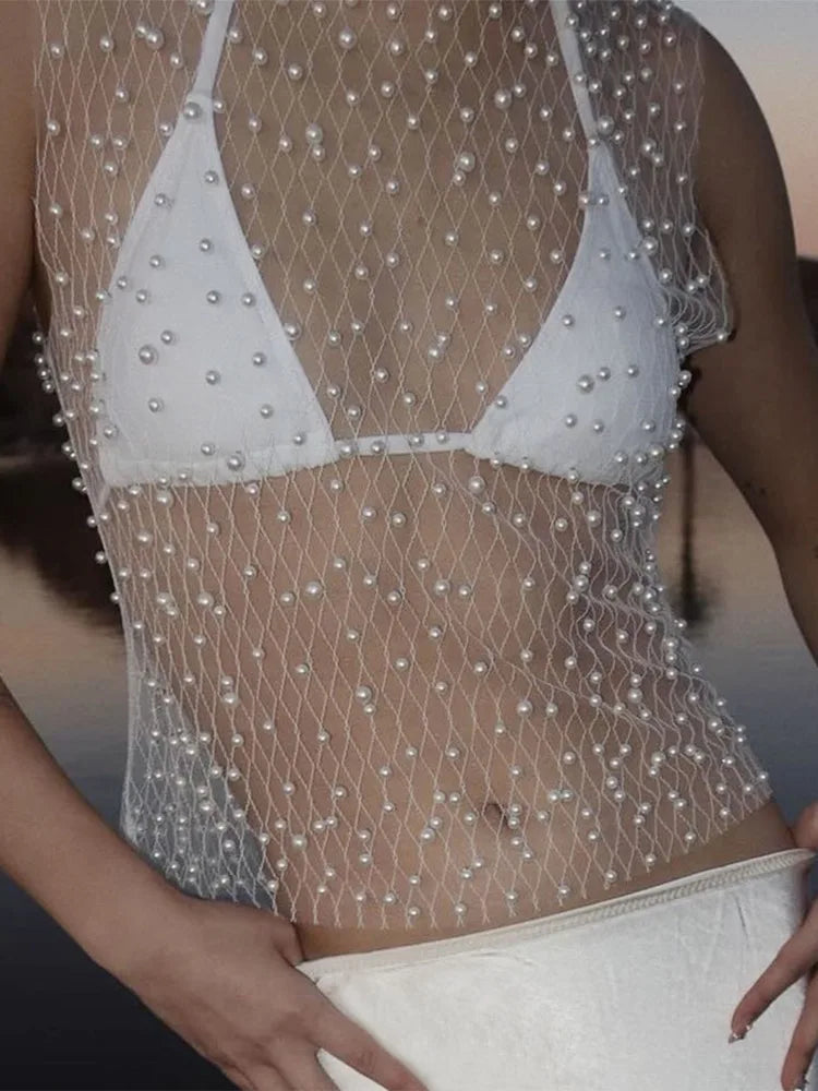 See Through Mesh Sleeveless Tops For Women Fashion Sheer Pearl Sexy Tank Tops Femme Club Party T-shirt New