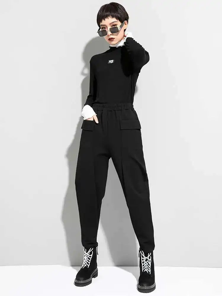 High Elastic Waist Black Pockets Casual Harem Pants New Loose Fit Trousers Women Fashion Tide Spring Autumn 2025 1DF4709