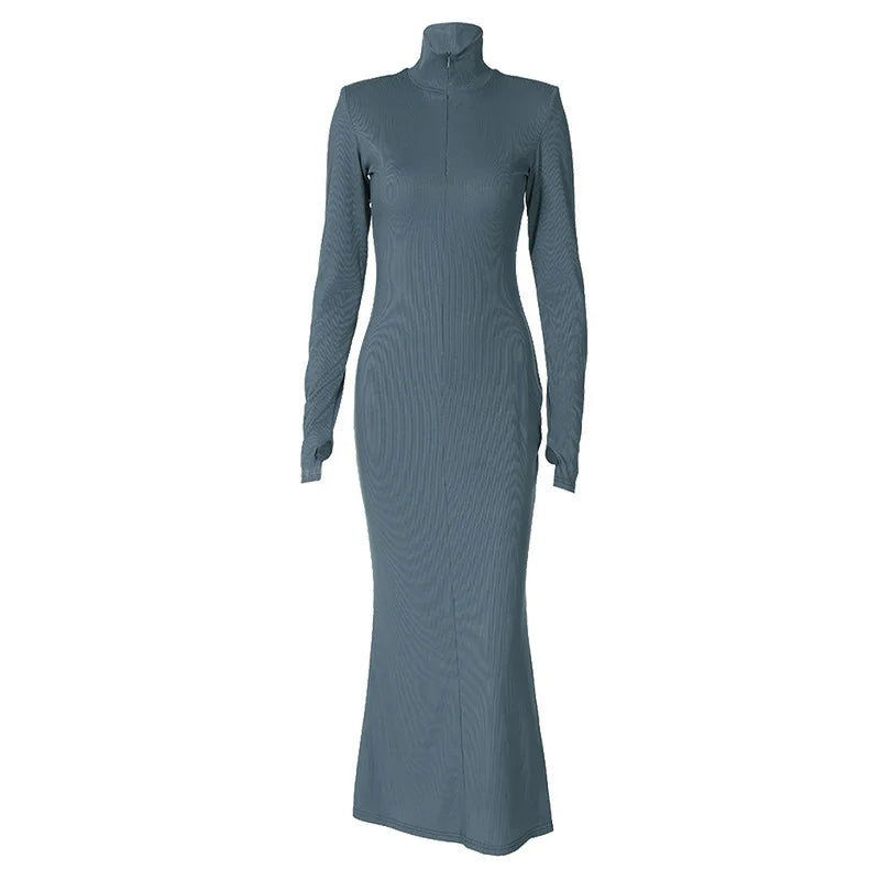 Elegant Turtleneck Long Sleeve Bodycon Long Dress For Women Autumn Winter New Ribbed Zipper Long Dress Fashion Clothes