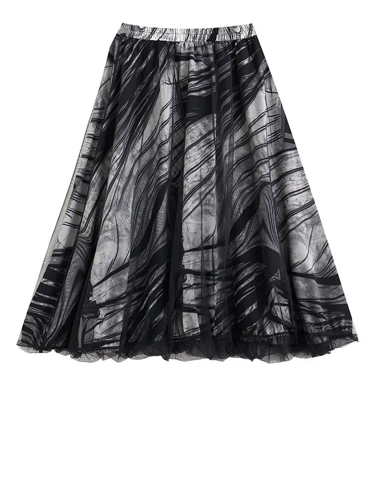 High Elastic Waist Black Dot Printed Mesh Spliced A-line Half-body Skirt Women Fashion Tide New Spring Autumn 2025 1DJ0329