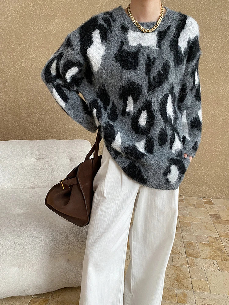 Gray Leopard Big Size Knitting Sweater Round Neck Long Sleeve Women Pullovers New Fashion Tide Spring Autumn 2025 1DH7968