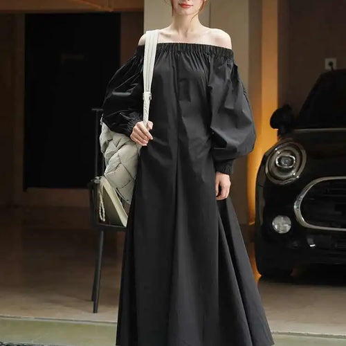 Load image into Gallery viewer, Women Black Brief Long Elegant Dress New Slash Neck Long Puff Sleeve Loose Fit Fashion Tide Spring Autumn 2025 1DF9947
