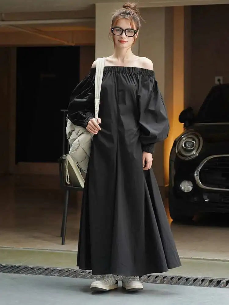 Women Black Brief Long Elegant Dress New Slash Neck Long Puff Sleeve Loose Fit Fashion Tide Spring Autumn 2025 1DF9947