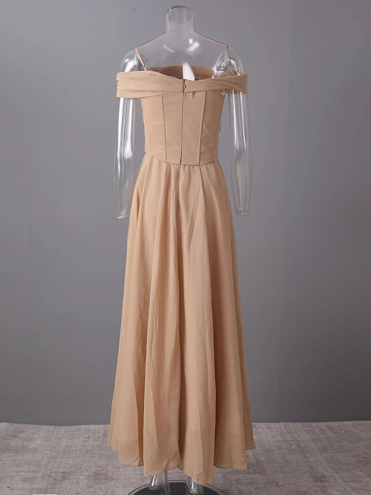 Women Khaki Pleated Slim Elegant Long Party Dress New Slash Neck Sleeveless Fashion Tide Spring Autumn 2025 CPG2992