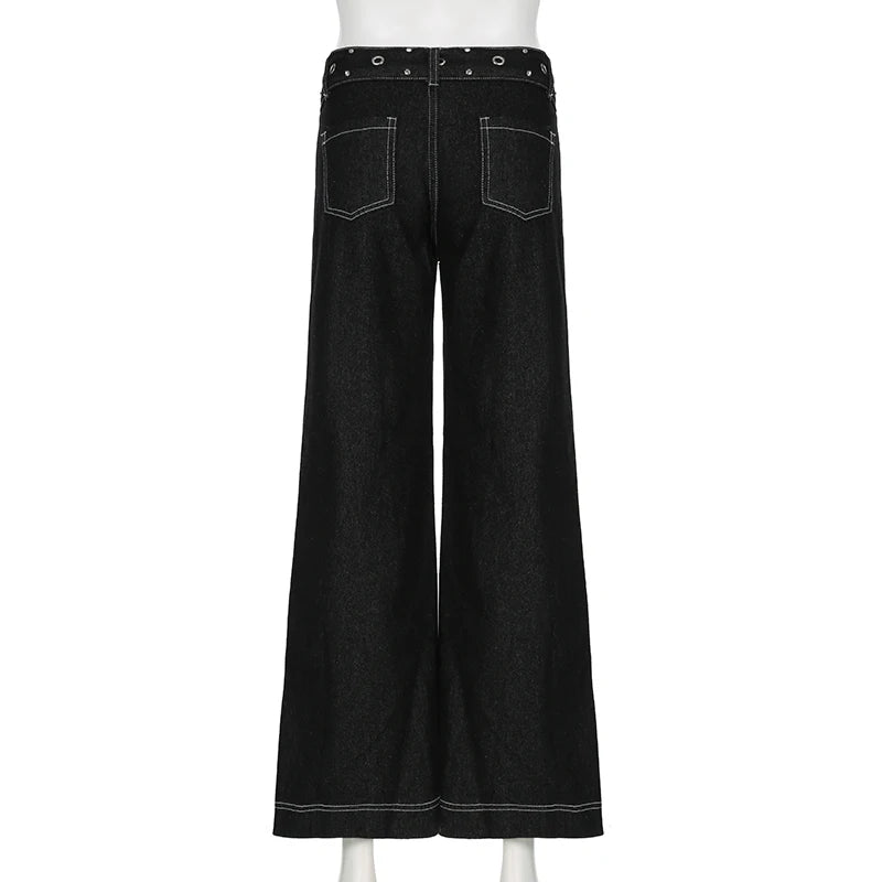 Streetwear Gothic Dark Low Rise Flared Jeans Solid Metal Buttons Harajuku Denim Trousers Academia Oversized Pants New