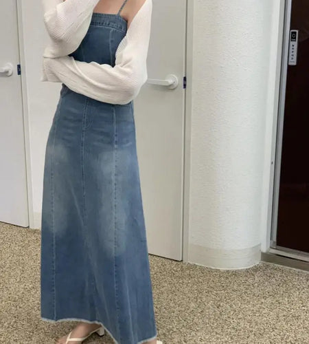 New Summer Women Vintage Casual Sexy Club Slip Denim Dress Fashion High Waist Long Dress Lady Slim A-line Pockets Jean Dresses