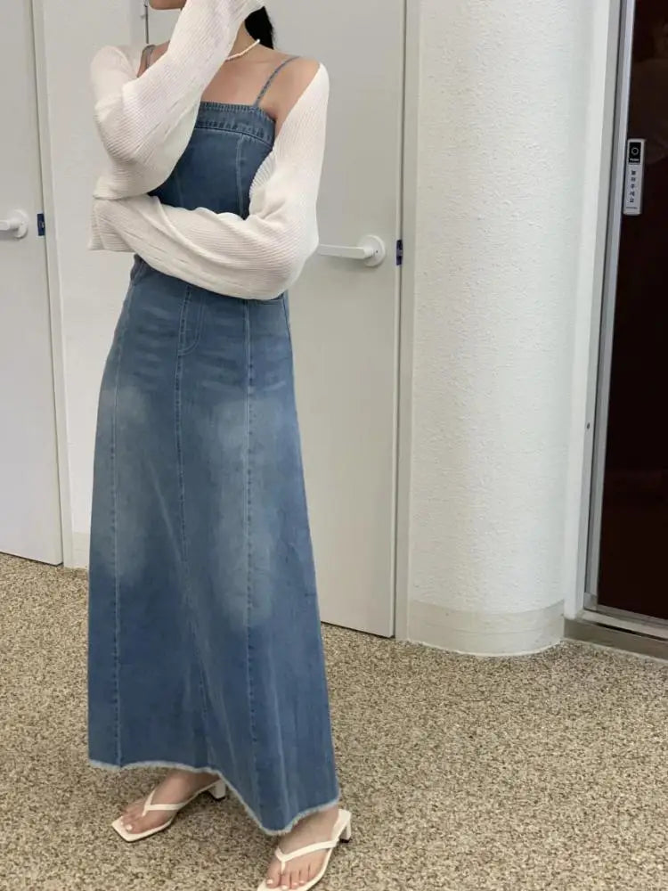 New Summer Women Vintage Casual Sexy Club Slip Denim Dress Fashion High Waist Long Dress Lady Slim A-line Pockets Jean Dresses