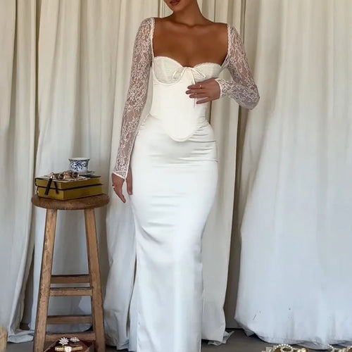 Load image into Gallery viewer, Elegant Lace Patchwork Body Party Club Evening Dress Women Winter Long Sleeve Satin Sexy Bareback Slimming Vestido 2025
