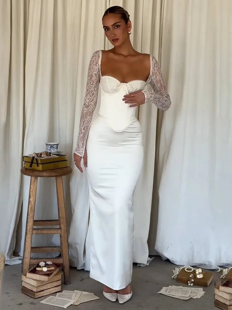 Elegant Lace Patchwork Body Party Club Evening Dress Women Winter Long Sleeve Satin Sexy Bareback Slimming Vestido 2025